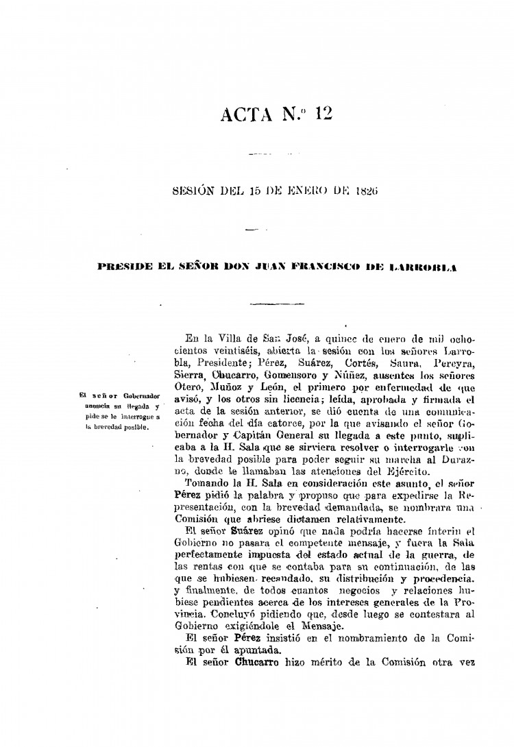 DIARIO DE SESIONES DE LA HONORABLE CAMARA DE REPRESENTANTES DE LA PROVINCIA ORIENTAL del 15/01/1826